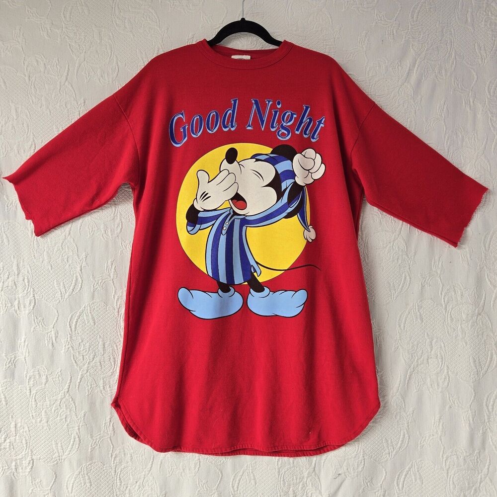Mickey Mouse Disney 80s Good Night Sleepy Dress Shirt Red Nightgown Fleece Baggy